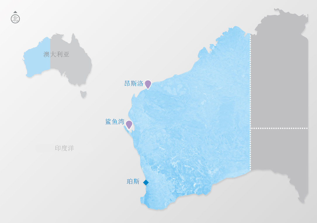 鲨鱼湾和昂斯洛盐场在西澳州西北海岸所在位置示意图